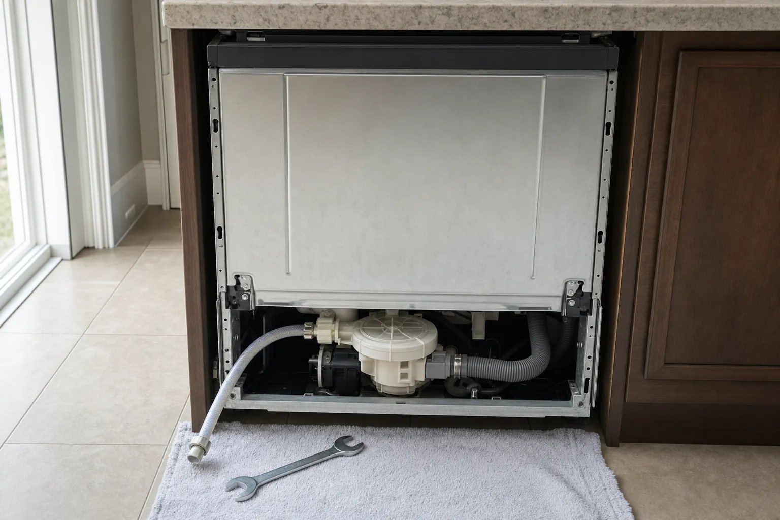 Built-in dishwasher slid forward with its outer panel removed, circulation pump, drain hose and fill line exposed