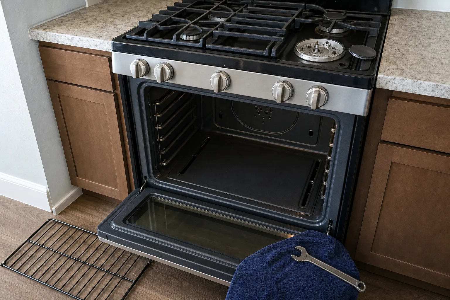 Gas range with the oven door open and a rack set on the floor, one cooktop burner head left uncovered