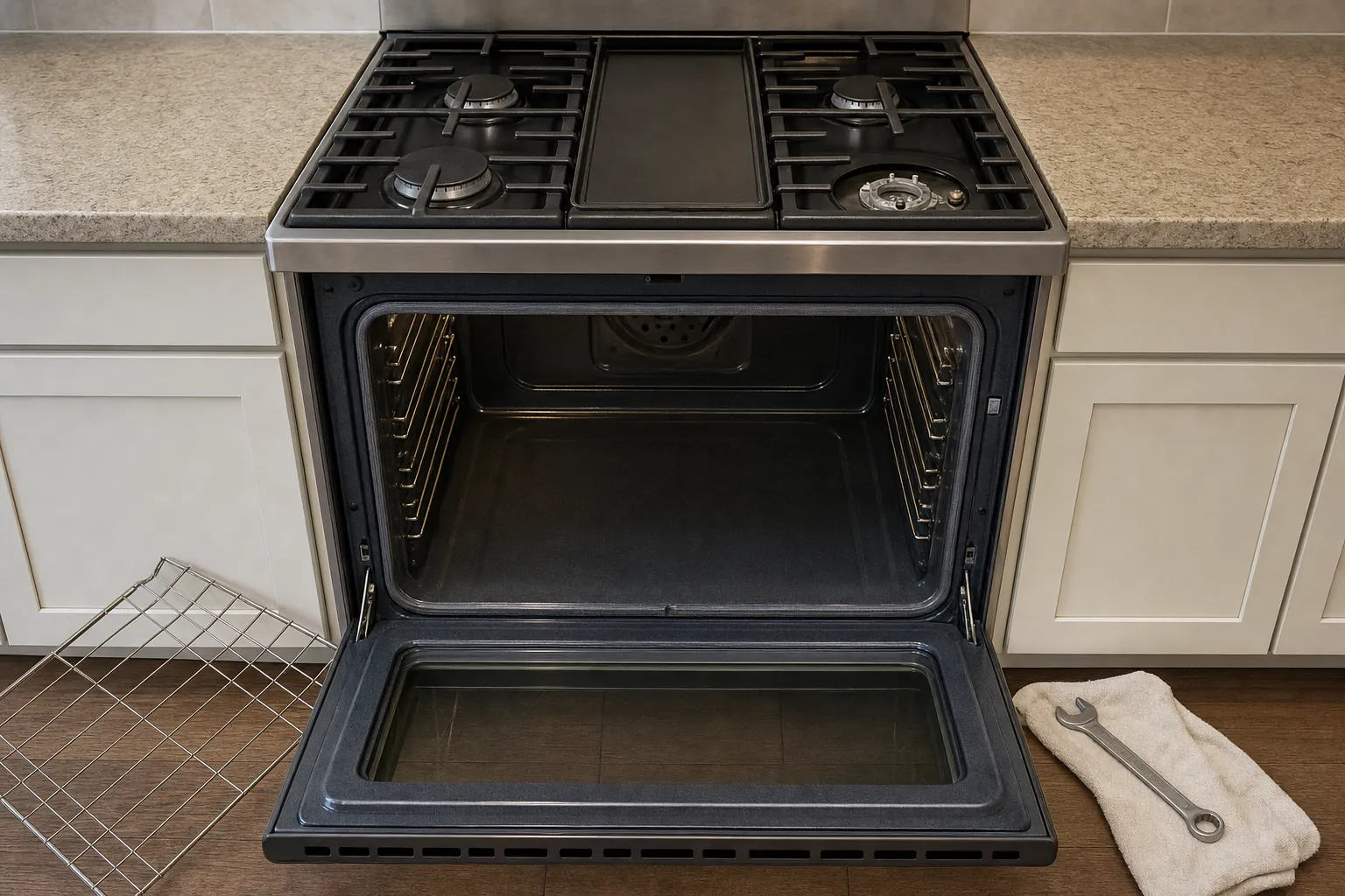 Gas range with a centre griddle, the oven door lowered on an empty cavity and fan cover, a rack on the floor