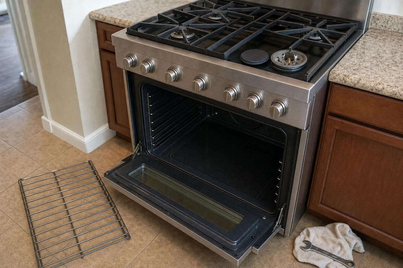 Seven-knob pro-style gas range with a deep oven standing open and empty, its rack laid on the tiled floor